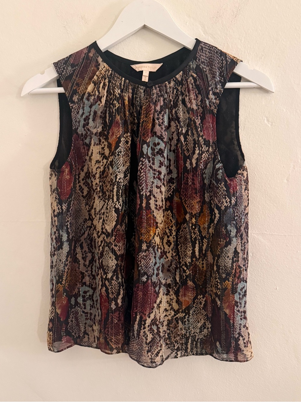 Rebecca Taylor Multicolor Snake-Print Pleated Sleeveless Top